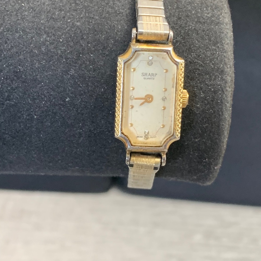 Sharp Quartz Vintage Two Tone Women Watch Gold Silver Expansion Band Rectangular